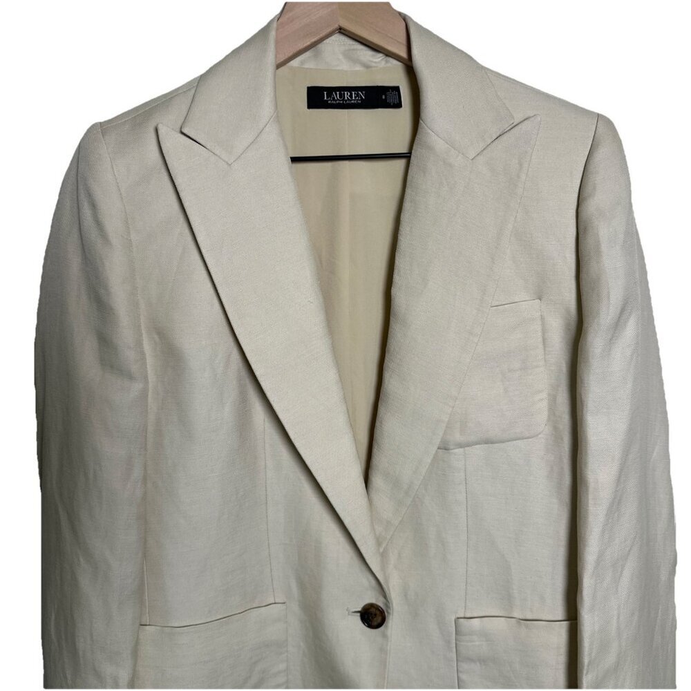 Ralph Lauren Women's Blazer Linen Blend Twill Size 8 Beige Pockets Office Jacket - Picture 4 of 15